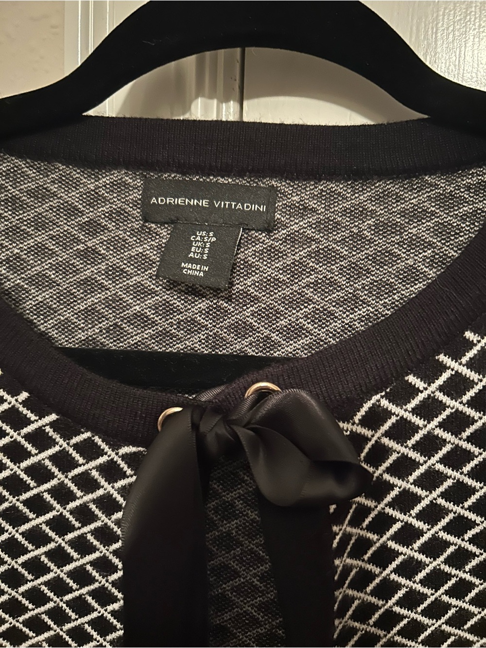 Adrienne Vittadini Black & White Patterned Knit Sweater with Ribbon Detail
